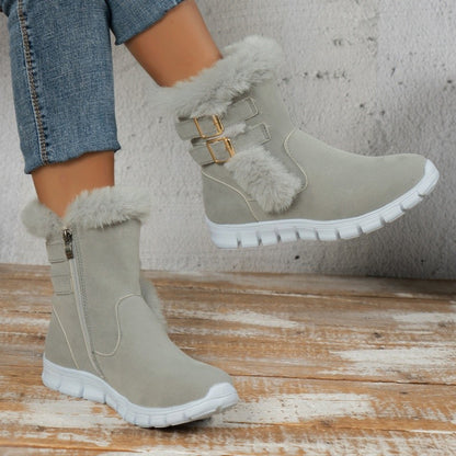 Winter Round Toe Plus Velvet Warm Side Zipper Casual Mid-calf Boots New Comfortable Fashionable Buckle Flat Snow Boots for Women