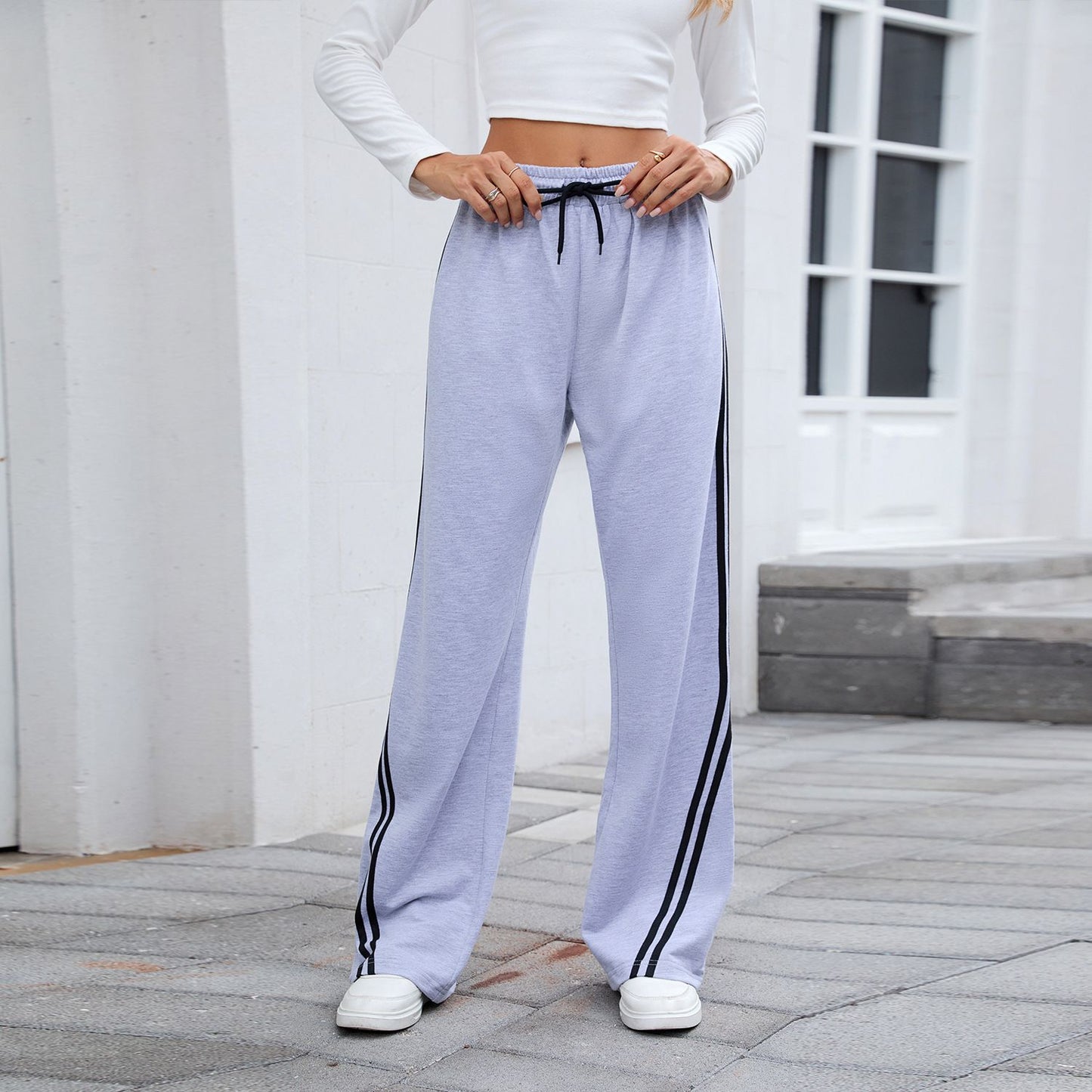 2025 Women Stripe Chic Straight Pant Autumn Spring Retro Sports Sweatpants Solid color casual fashion elegant waist womens pants