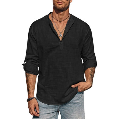 Mens Long Sleeve Cotton Shirt Linen Stand Collar T-shirts Lightweight Breathable Streetwear Half Button Hawaiian Large Shirt