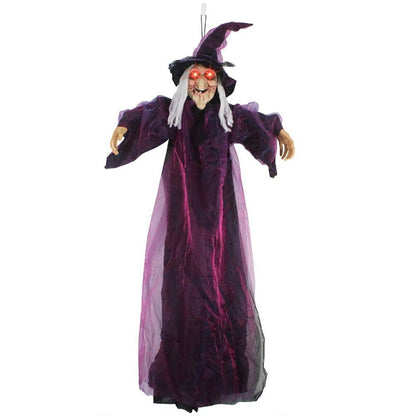 Bruxa Falante em Tamanho Real de Halloween Roxo Assustador Decoração Gritante Controlada por Voz com Olhos Brilhantes