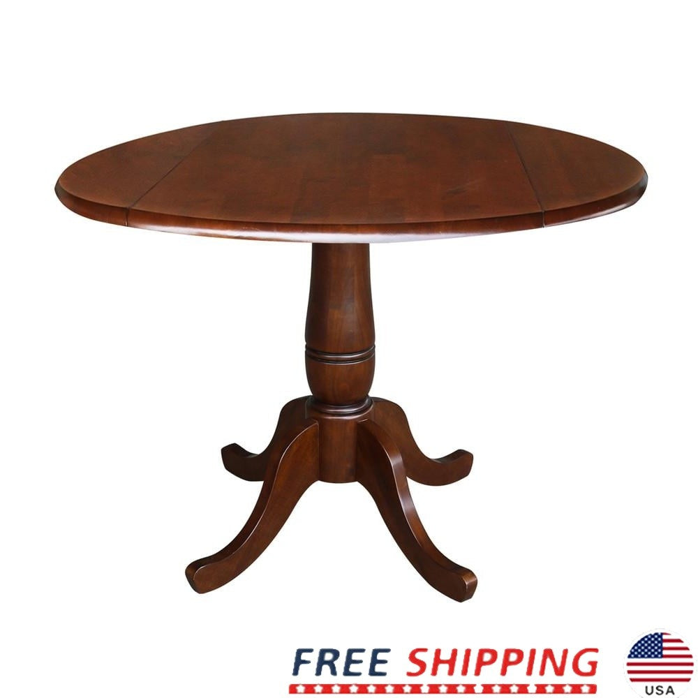 Round Dual Drop Leaf Pedestal Dining Table Solid Wood Butcher Block Indoor Furniture Assembly Required Espresso Finish 42 Inch