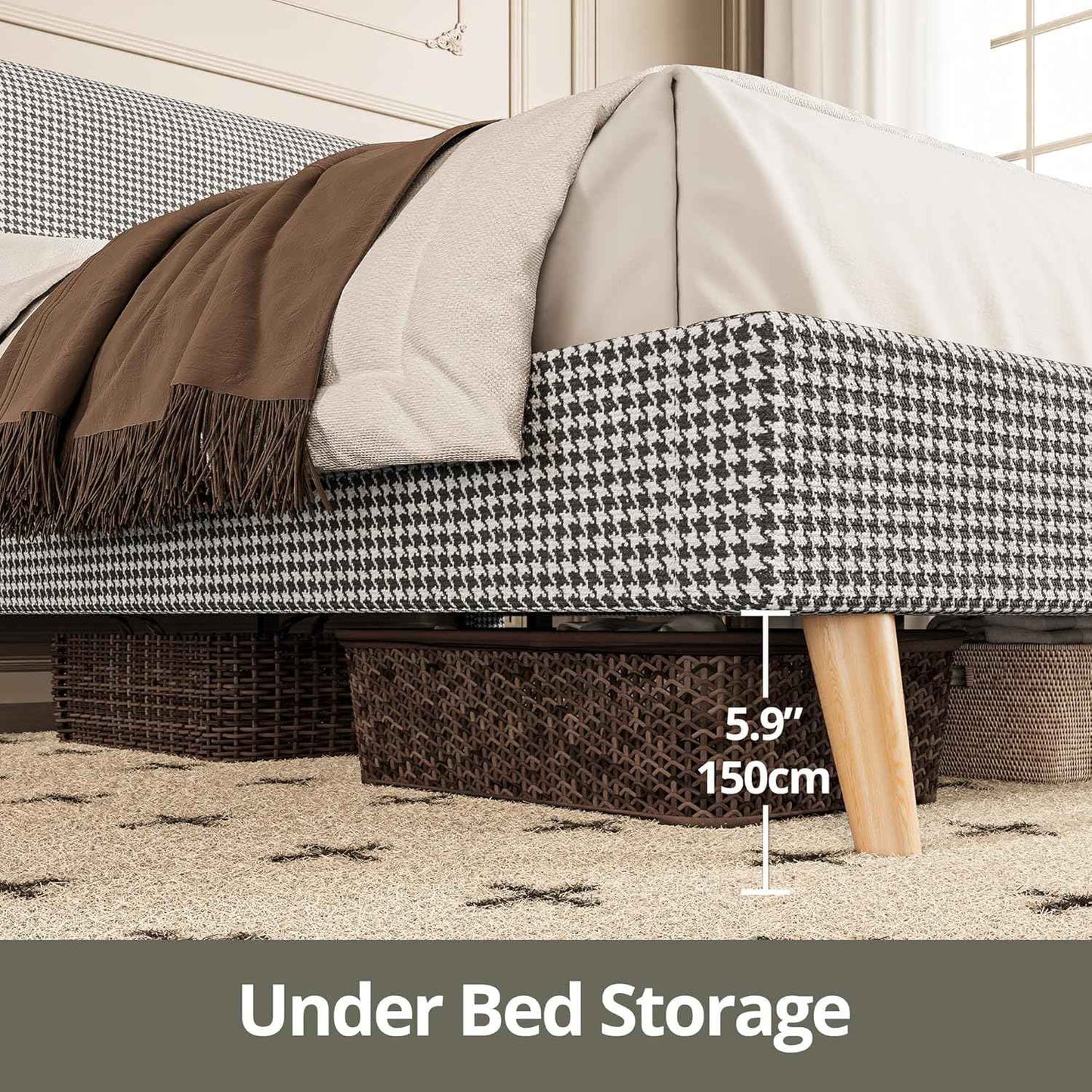 Cama Queen com Estrutura e Cabeceira, Base para Colchão Totalmente Estofada em Algodão, Suporte com Estrados de Madeira, Sem Ruído, Não Precisa de Box