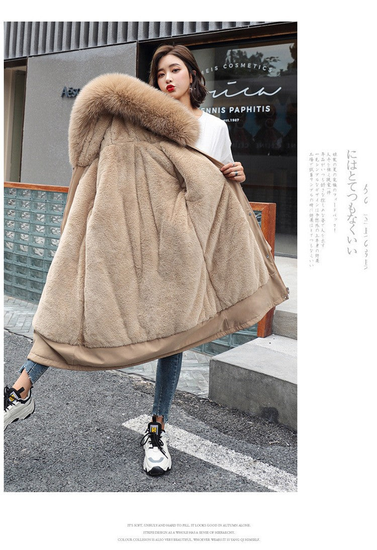 Women Winter Parka Warm Hooded Long Sleeve Zipper Thick Jackets Fur Collar Fleece Drawstring Long Coat Casual Streetwear Outwear