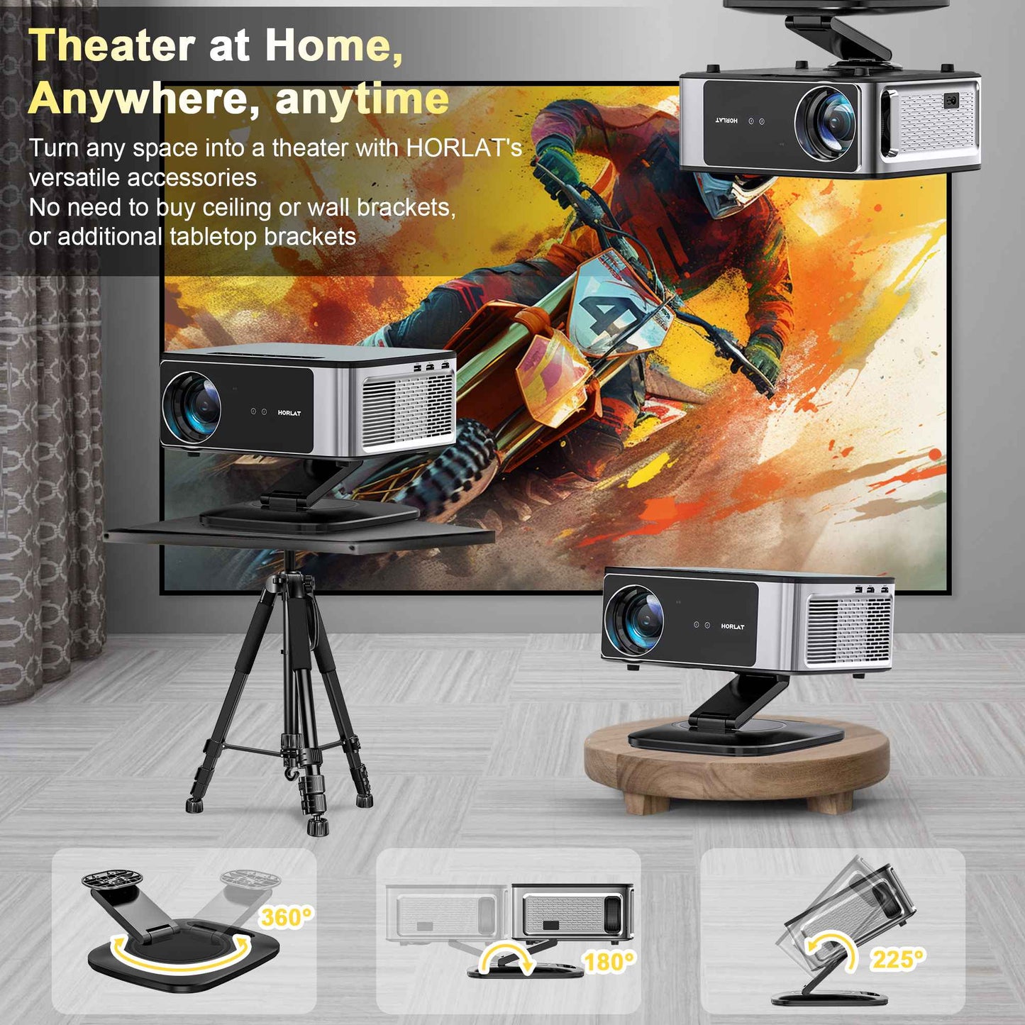 Projetor 4K UHD 2025 HORLAT 45000 Lumens Laser TOF Foco Android 12 WiFi 6 1080P Full HD para Cinema em Casa diurno