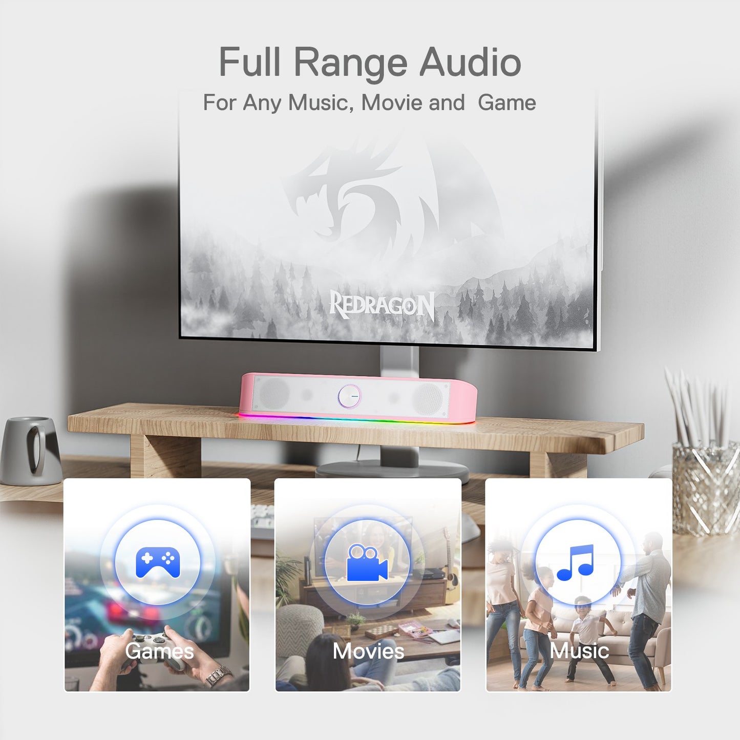 Soundbar de Mesa Redragon GS560 RGB, Alto-falante de Computador de 2.0 Canais com Áudio RGB Dinâmico