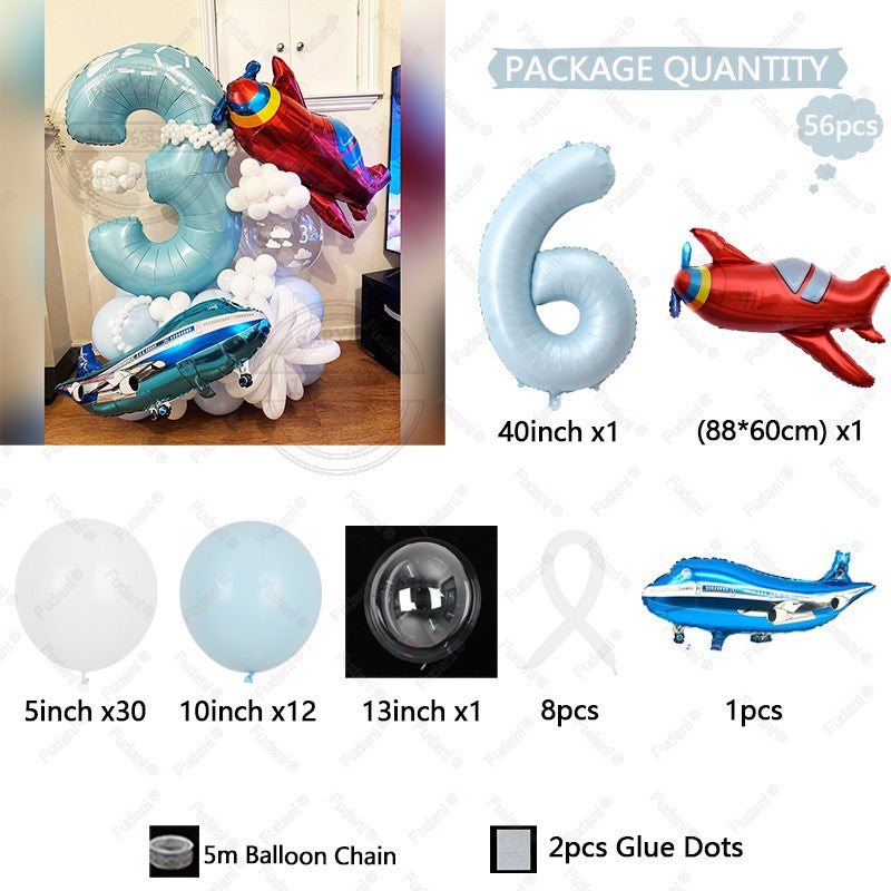 56Pcs Airplane Themed Blue Digital Balloon Set 1-9 Birthday Party Decoration baby Shower Globos Gift Shooting Props