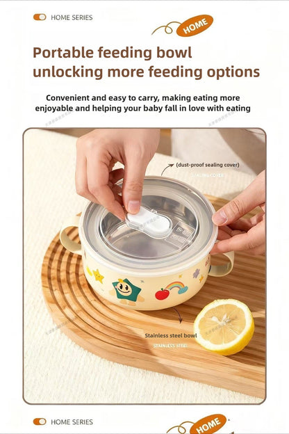 304 Stainless Steel Baby Bowl with Lid Double Handle Kids Feeding Bowl Anti-Scald Toddler Tableware Food Soup Bowl for Infants