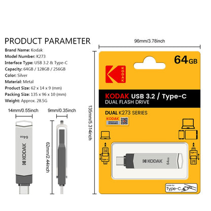 Pen Drive Kodak K273 USB 3.1 OTG 64 GB USB3.1 Gen 1 Tipo C Pen Drive 64G USB-C Cartão de Memória 64gb Alta Velocidade