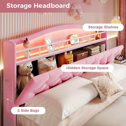 Nova Cama Queen Size Menina com Luzes de LED e Estação de Carregamento, Estrutura de Cama Queen Size de Princesa com Cabeceira com Armazenamento Oculto