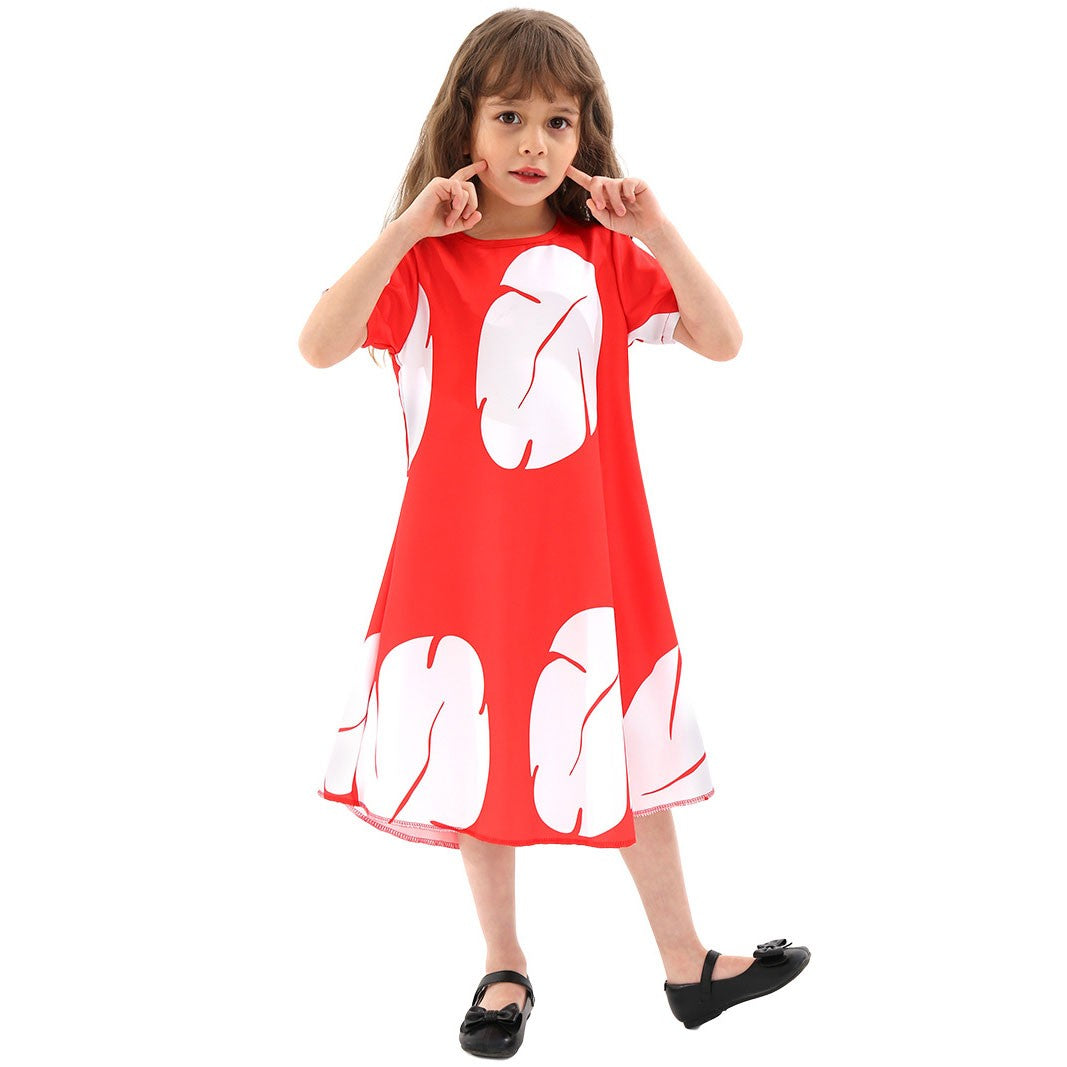Disney Lilo Costume Girl Cosplay Red Dress Short Sleeve Pajamas Hawaiian Printed Dress Summer Beach Outfit + Stitch Doll Set