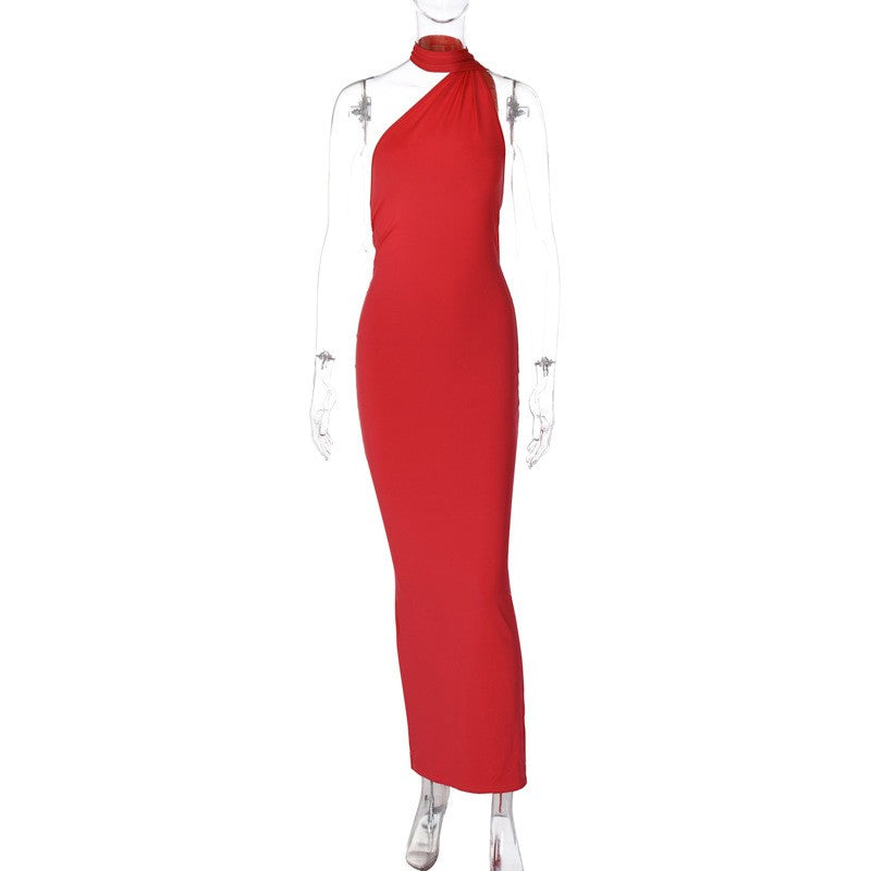 Hugcitar One Shoulder Backless Adjustable Scarf Loop Ruched Sexy Maxi Dress Wome