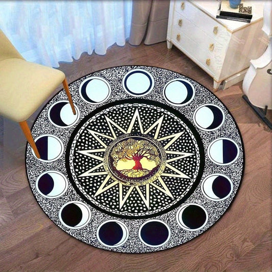 Moon phase tree of life round rug crystal velvet floor mat spiritual mandala design astrological home decor black white carpet