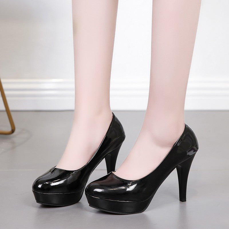 Scarpins bege impermeáveis plataforma salto alto feminino primavera e outono couro envernizado bico redondo sexy salto agulha sapatos de casamento 10cm Tamanho 42