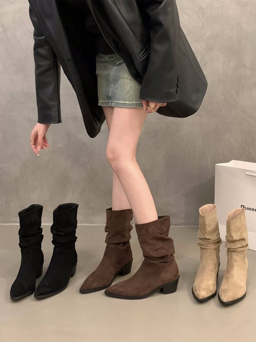 Vintage Pointed Toe Women Ankle Boots Fashion Elegant Soft Suede Shoes Autumn Winter Low Heel Women's Short Booties D423