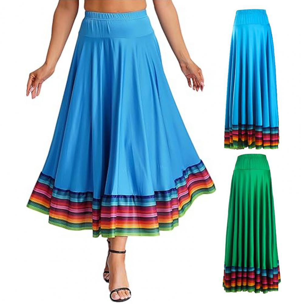 Dance Skirt with Colorful Stripes Colorful Folk Dance Skirt with Elastic Waist Large Swing Hem for Mexican Flamenco for Women