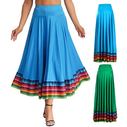 Dance Skirt with Colorful Stripes Colorful Folk Dance Skirt with Elastic Waist Large Swing Hem for Mexican Flamenco for Women