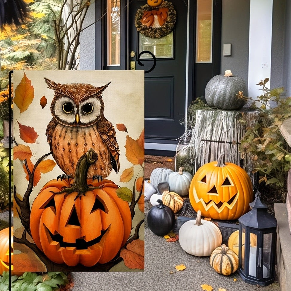 1 Halloween Happy Ghost House Garden Pumpkin Owl Flag, Outdoor Courtyard Decoration 12 x 18 inches (excluding flagpole)