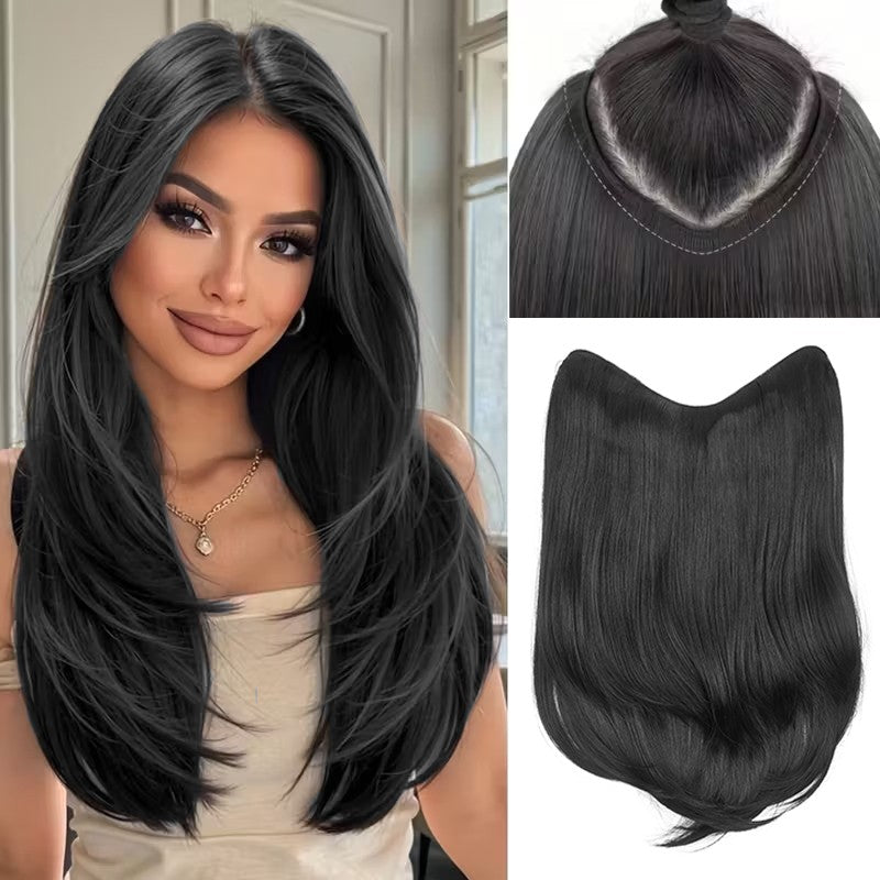 Extensões de Cabelo Sintético Longo Liso em V de 16 Polegadas com 4 Clipes, Aplique Preto Marrom para Adicionar Volume, Uso Diário e em Festas por Mulheres