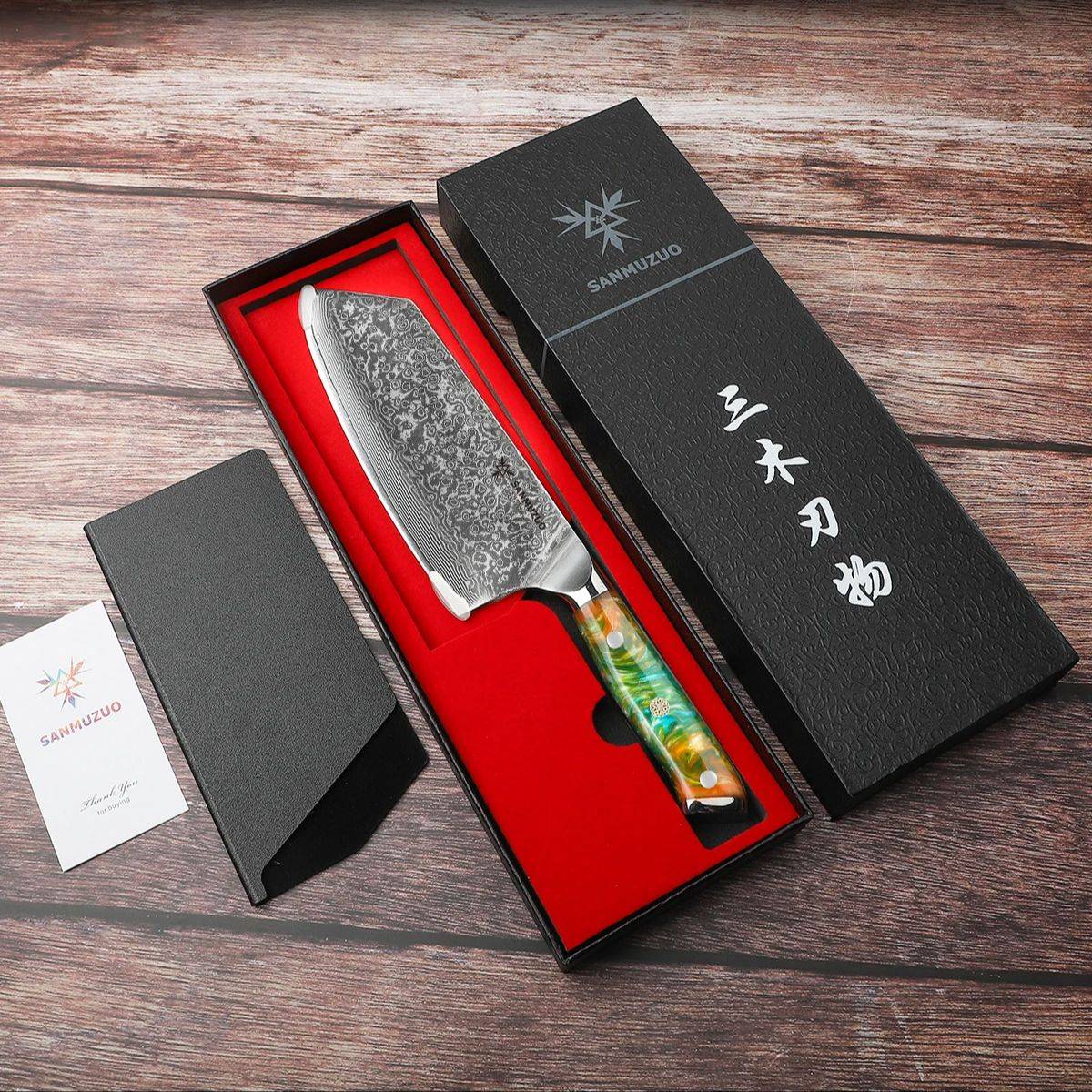 Conjunto de facas de cozinha SANMUZUO 2 peças - Série Xuan - Faca de Chef e Faca Nakiri em Aço Damasco VG10, Melhor Presente para Chefs - Cabo de Resina