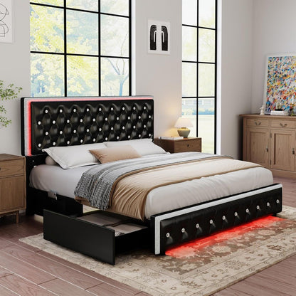 LED Bed Frame with 2 Drawers, PU Leather Platform Bed with Diamond Tufted Headboard Footboard and 2 Side Pockets, M
