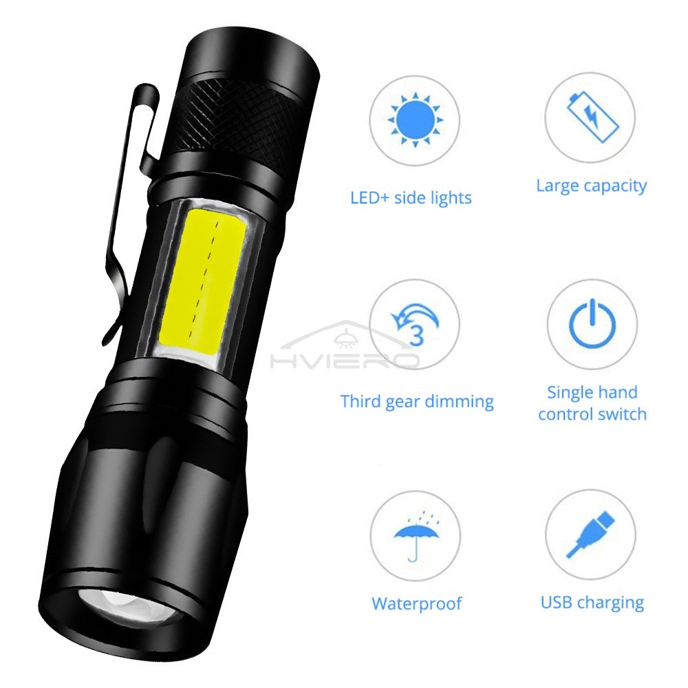 Flashlight Battery Charge Mini Led 3W Focus Adjustable Side Lamp Convenient Waterproof T6 Light Ultra Bright For Camping Hiking