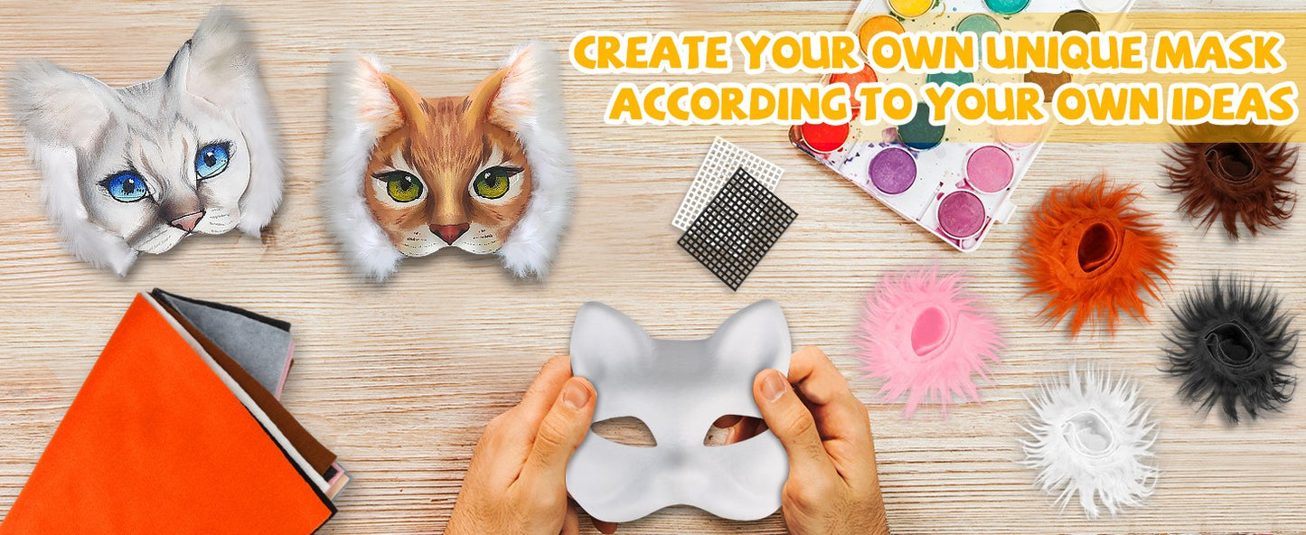 43 Pcs DIY Therian Mask Kit Half Face Hand-painted Cat Mask DIY Masks Blank White Cat Mask for Carnival Masquerade Cosplay Party