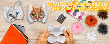 43 Pcs DIY Therian Mask Kit Half Face Hand-painted Cat Mask DIY Masks Blank White Cat Mask for Carnival Masquerade Cosplay Party