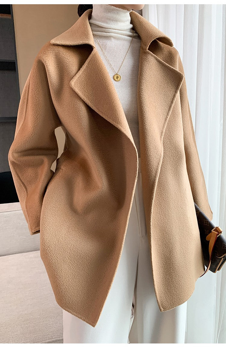 Autumn New Short Double-sided Cashmere Water Ripple Coat Women Turn-down Collar Loose Tempeament Warm Casual wool Jacket Female