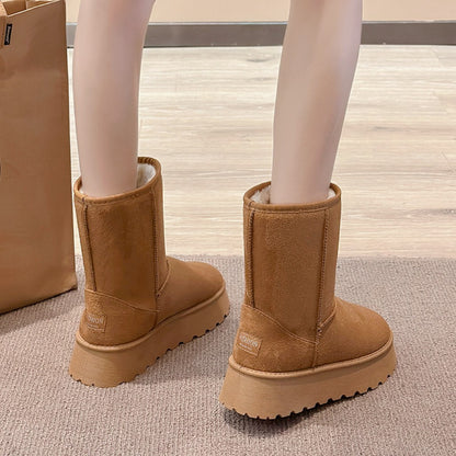 2024 winter new thick-soled and fleece snow boots round head fashion set feet in mid-barrel cotton shoes