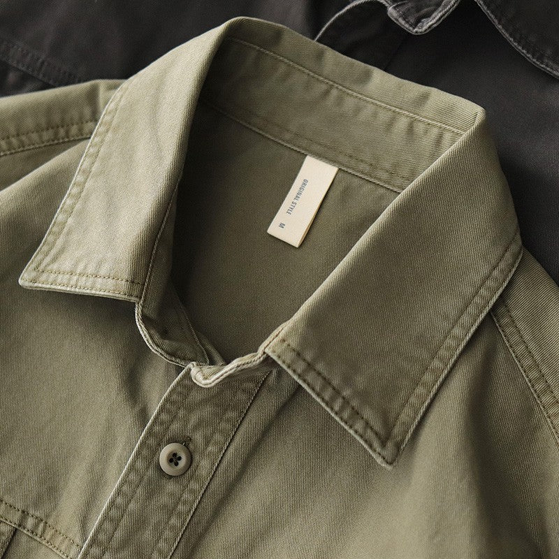 2025 Spring New American Retro Heavyweight Woven Cargo Shirt Men's Simple 100% Cotton Washed Double Pocket Blousers Loose Caot