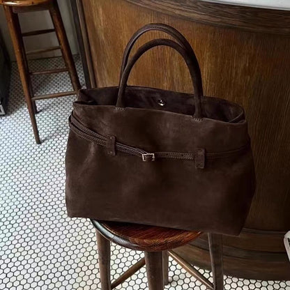 Women's Suede Retro Tote Bag, Elegant Coffee-Colored Faux Suede Handbag, Versatile Shoulder Bag for Commuting and Casual Use