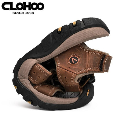 Fashion Men Genuine Leather Shoes 2025 Summer Non Slip Outdoor Water Walking Hiking Trekking Shoes Comfortable Casual Sneakers