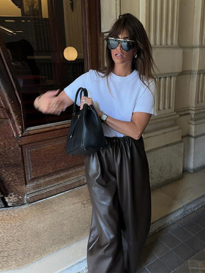 Street PU Leather Bloomers Women Elastic Waist Hip Hop Wide Leg Pants Street Balloon Lace Up Jogger 2025 Autumn New Casual Pant