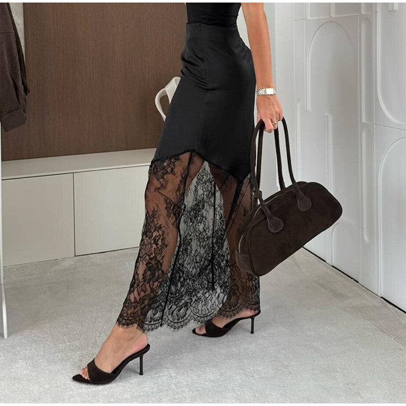 Satin Skirts Women Loose High Waist Patchwork Lace See Through Skirt Female 2025 Chic Solid Sexy Elegant Streetwears