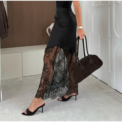Satin Skirts Women Loose High Waist Patchwork Lace See Through Skirt Female 2025 Chic Solid Sexy Elegant Streetwears