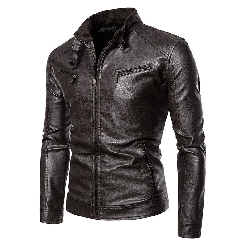 Spring Autumn Men Motorcycle Jacket Retro Slim Fit Casual Coat Stand Collar Leather Jackets Zipper Outerwear Windproof PU Coat