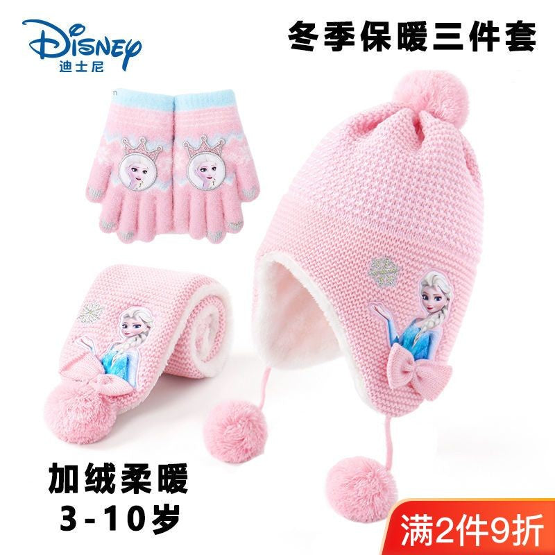 Disney Elsa Desenho Animado Bonito Chapéu e Cachecol de Estudante Criativo Kawaii Meninas Princesa Inverno Quente Conjunto de Três Peças Presente de Natal