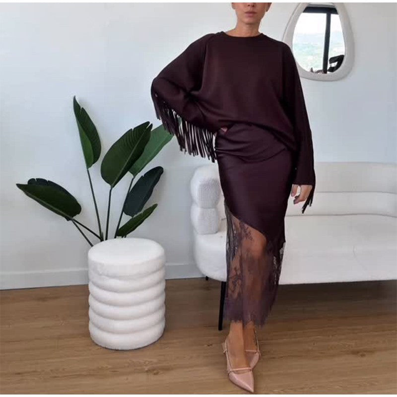 Women Elegant Patchwork Lace Skirts Fashion High Waist Slim Hollow Out Maxi Skirts 2025 Autumn Lady Brown Party Club Skirt