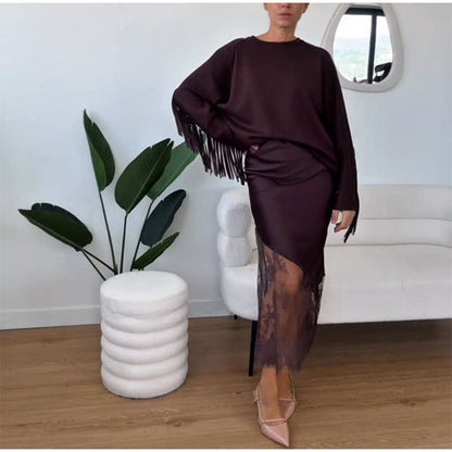 Women Elegant Patchwork Lace Skirts Fashion High Waist Slim Hollow Out Maxi Skirts 2025 Autumn Lady Brown Party Club Skirt