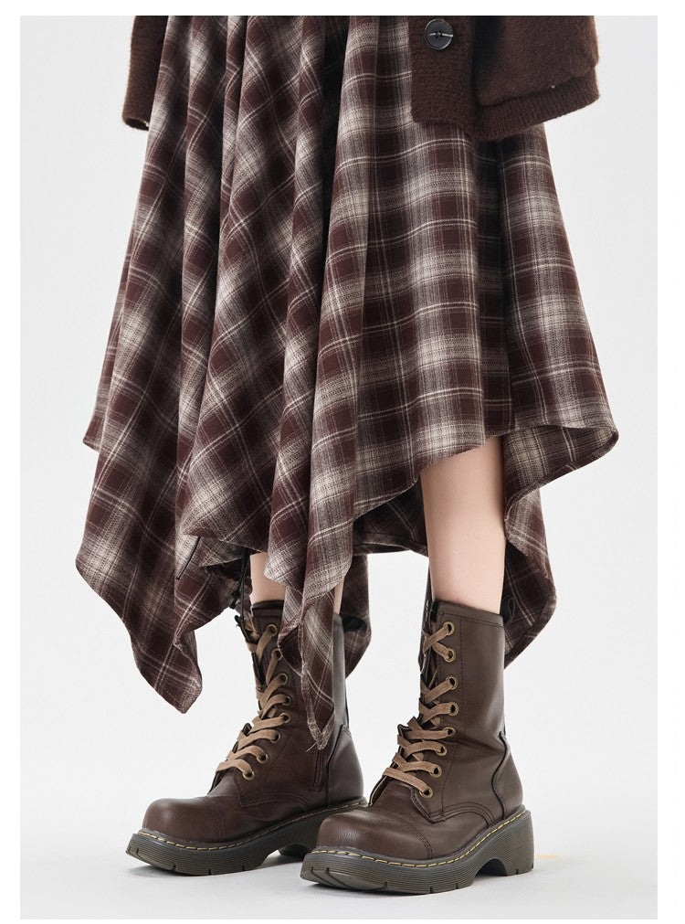 Women Skirt Plaid High Waisted Elastic A Line Mid Length Korean Style Fashion Retro Versatile Irregular Autumn Skirt
