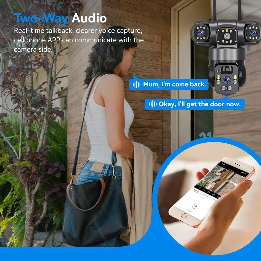 Câmera Solar WiFi Full HD 9MP 3 Telas 3 Lentes Zoom 10X Câmera com Detecção Humana PIR Vigilância Visão Noturna Proteção de Segurança