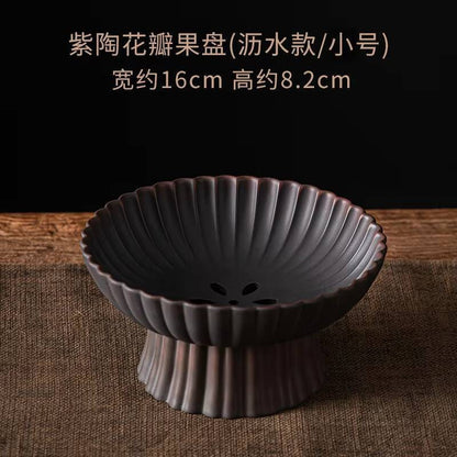 Qingxi Purple Pottery Tea Pastry Plate Handmade High Foot Dried Fruit Snack Large Integrated Drain Dessert Candy Dish Gift