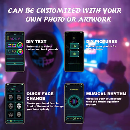 Led Mask with Bluetooth App Control Programmable Face Transforming Light up Halloween Led Mask