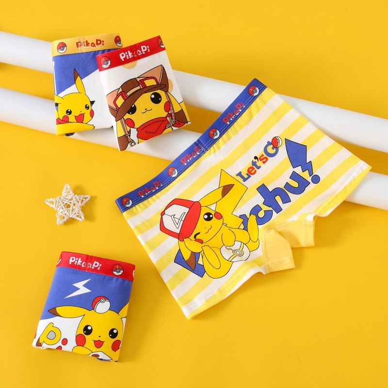 Cueca Boxer Infantil 4 Peças Pokémon para Meninos Algodão Anime U Pouch Bulge Roupa Íntima Desenho Animado Shorts Infantis Fofos Respiráveis Calças Boxer 2-12 Anos