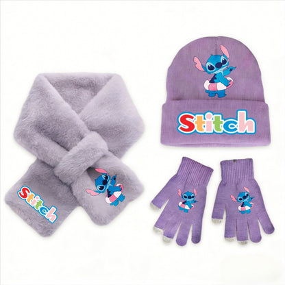 Conjunto de 3 peças de chapéu, cachecol e luvas de malha de inverno Stitch Disney Kawaii quente para meninas Acessórios casuais de moda infantil presente de Natal perfeito