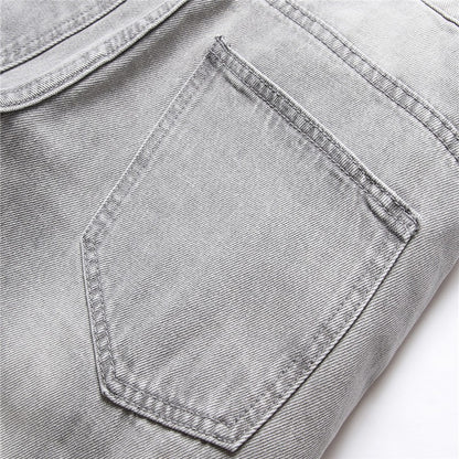 Mens Jeans Large-size Straight Light Gray Denim Trousers Spring and Autumn Full Length Male Pants Ripped Jeans
