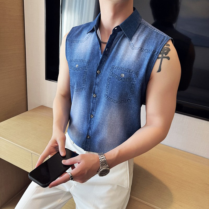Men's Slim-Fit Sleeveless Denim Shirt Vest: WashedFabric Wrinkle-Free & Stylish Casual Wear? M-4XL