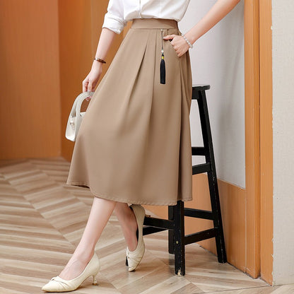 2024 New Solid Color Fringe Skirt Summer Classic Clothing Women's Loose Plus Size Skirt New Street Elegance Calf Belly Skirt