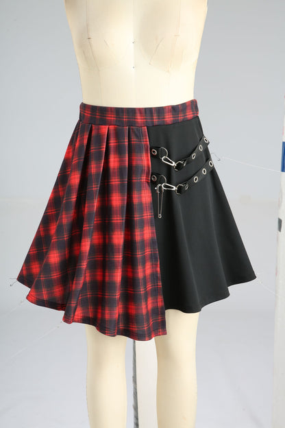 ROSEAGL Plus Size Plaid Patchwork Grommets PU Leather Stripes Asymmetrical Skirt Female Casual Large Size Women Y2K Skirts