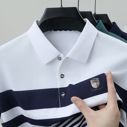 High end brand embossed men short sleeve polo shirt fashion stripe color blocked summer ice silk breathable luxury Paul T-shirt